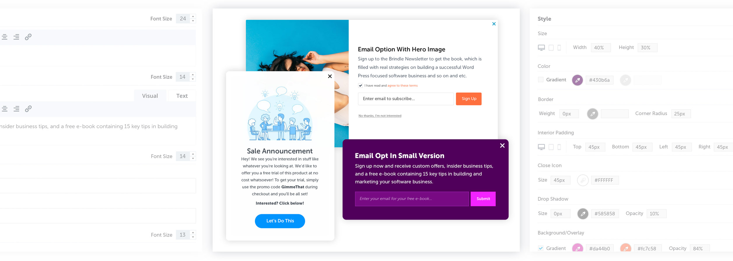 QuickPop visual editor showing several popup designs