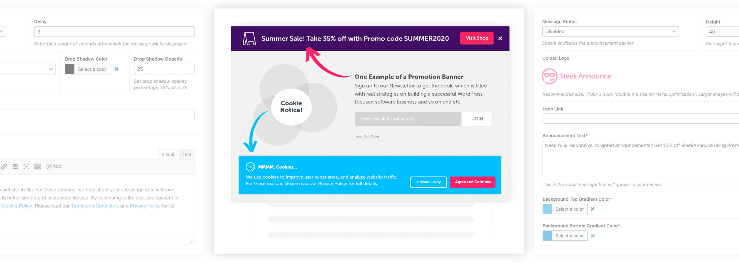 SleekAnnounce banner and cookie notice editor